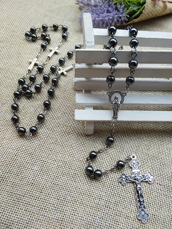 Factory direct Catholic Rose 5 end Rosary 59 Exorcism black gallstone Rosary Cross Virgin Necklace
