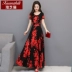 Mùa hè 2019 xuân hè mới của phụ nữ tay ngắn tay hoa lớn váy dài đầm xòe dài - Váy eo cao đầm nhún eo che bụng Váy eo cao