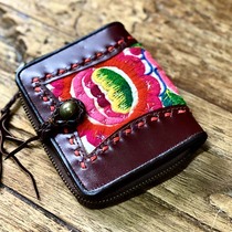 Domestic spot Thai handmade leather old embroidered cloth splicing buckle type bus carmen card bag Baye workshop