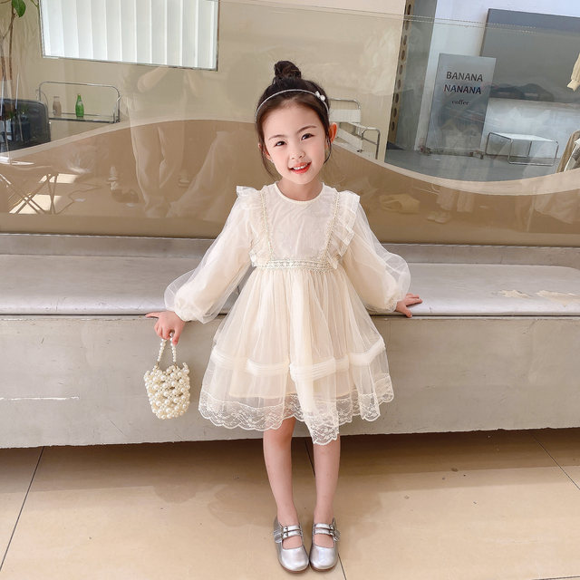 High-grade color 2023 new girls spring dress long-sleeved gauze dress lace mesh skirt fashionable western style spring and autumn