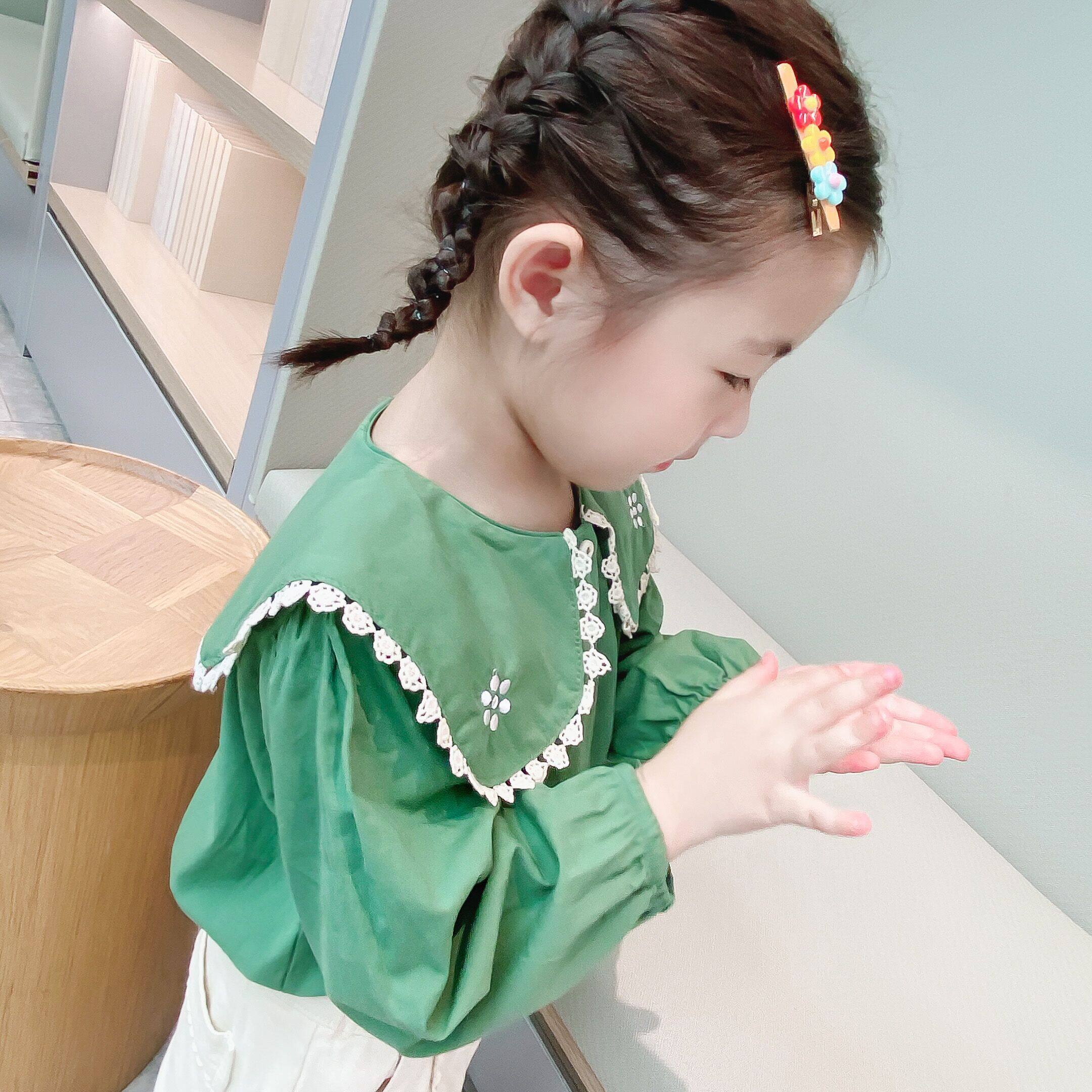 2022 new children's clothing spring clothing 3-8-year-old spring girl green curl shirt foreign palate baby spring and autumn blouses