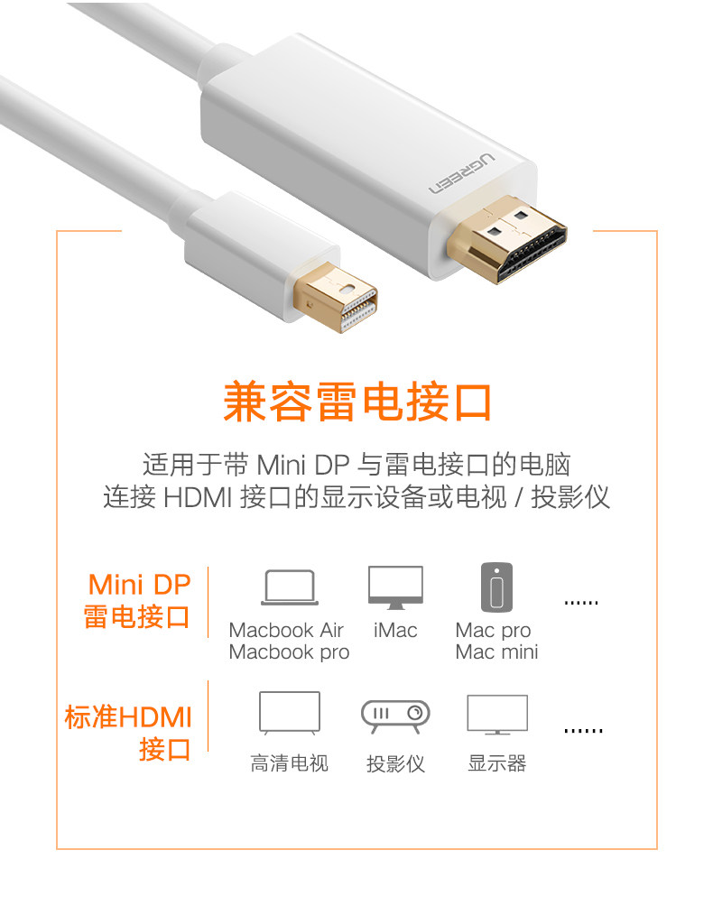 Кабель HDMI 绿联mini to displayport to hdmi 雷电 迷你dp转hdmi线 2米3米4k Green/linking