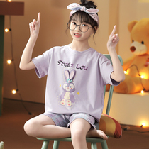 Summer Childrens Pure Cotton Pajamas Girls Summer Boy Short Sleeve Kit in Large Children Cartoon Girls Home Clothes