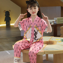 Girls nightwear thin ice silk childrens short sleeve trousers summer spring and autumn silk girls in the big boys home suit