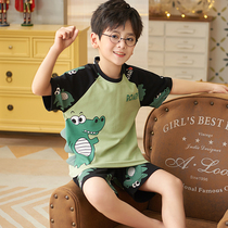 Childrens pajamas short sleeve shorts boy pure cotton green dinosaur 9 middle childhood summer 6 - year - old student home suit suit