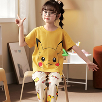 Childrens pajamas pure cotton girls spring summer thin short sleeve trousers cartoon home suit girls cotton suit
