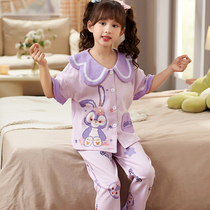 Childrens pajamas girl spring and autumn pure cotton short sleeve long trousers girl baby home dress