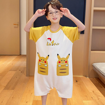 Childrens Connected Pajamas Boys Summer Pure Cotton Thin Air Connection Anti-Kicking Connection Boys Short Sleeve Home Clothes