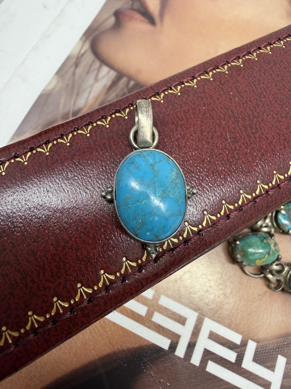Vintage American Navajo Tribe Sterling Silver Natural Turquoise Pendant, Unmarked Silver
