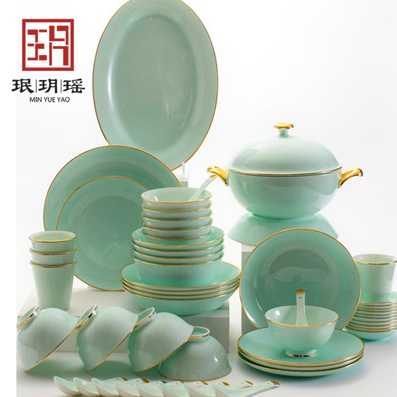 Minyueyao high-grade celadon Jingdezhen tableware set bowls Nordic light luxury bone china bowls and plates household housewarming gifts