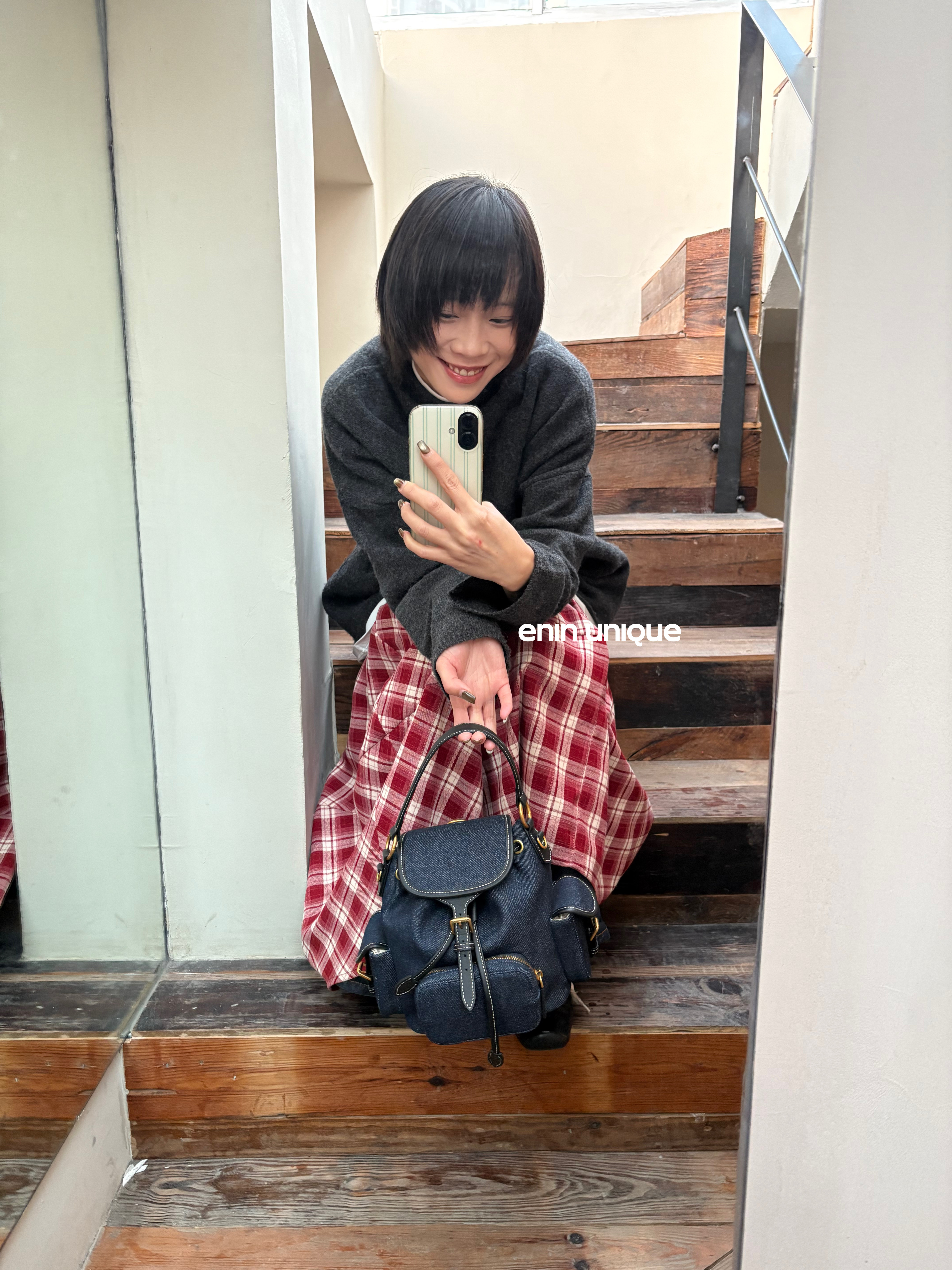 EDIN Unique Designer Cowhide Spliced Denim Backpack & Handbag Retro Preppy Style Fashion Casual Shoulder Bag - Thumbnail 4