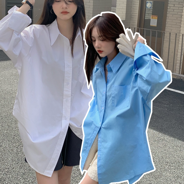 Hong Kong Style Mid-Length Plus-Size Shirt for Women, White and Blue, Loose and Casual, Mid-Length, Lower Body Missing Silhouette Shirt
