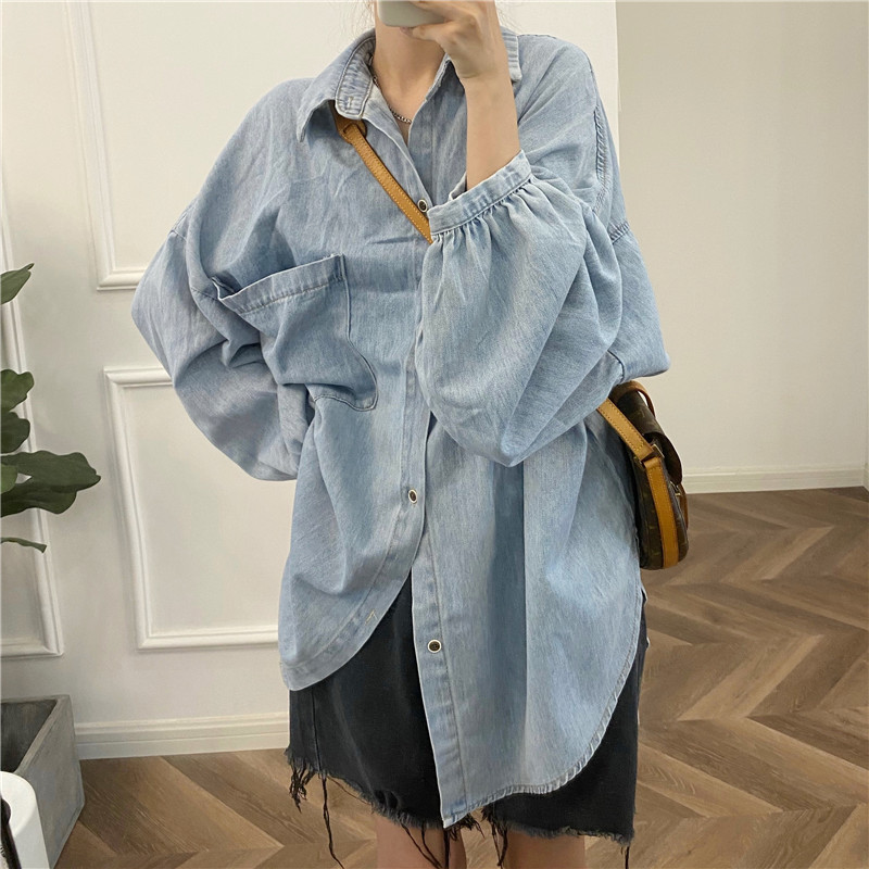 Autumn Plus-Size Retro Bf Loose Slimming Polo Collar Button-Up Lantern Sleeve High Street Denim Shirt Jacket for Women