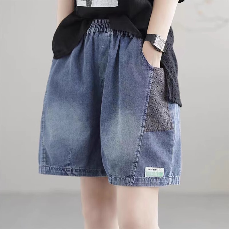 Women's Denim Shorts, Summer Thin Style, Artistic Retro Casual Fashion, Patchwork Harem Pants, Loose Slimming Straight-Leg Pants