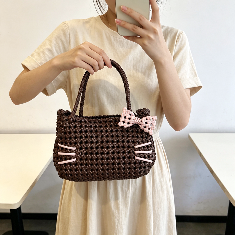 Hand-Woven Rattan Bag DIY Material Kit, Rattan Bag with a High-End Feel, Hollow-Out Vegetable Basket Woven Tote Shoulder Bag