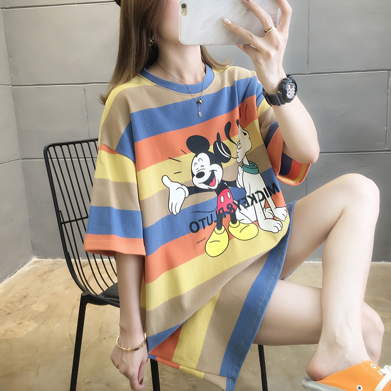 Pregnant women's Korean version of pure cotton loose Mickey cartoon stripe short sleeve T-shirt fat MM200 jins top