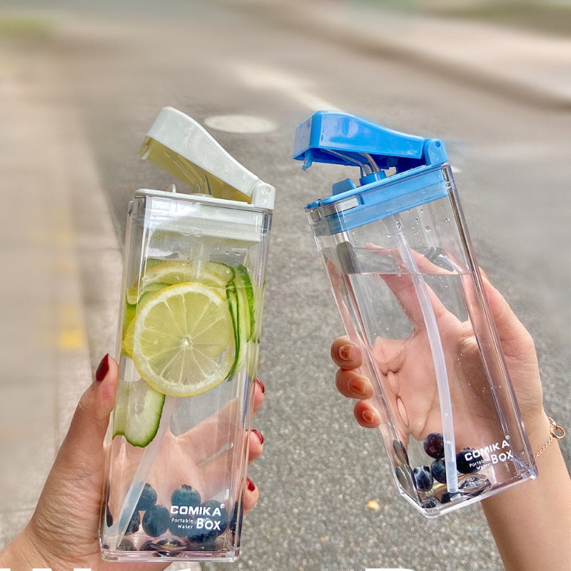 comika summer accompanying water cup portable plastic transparent lid simple straw cup square box cup small fresh outdoor