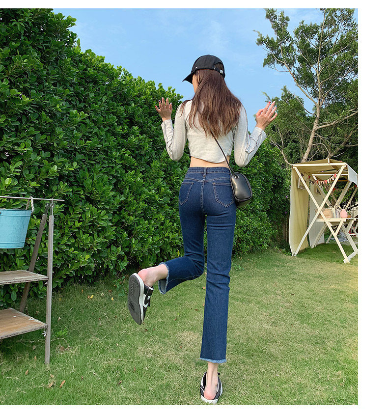 Dark blue cigarette tube straight-leg jeans for women's summer 2022, thin high-waisted pants that show a petite figure pic 16
