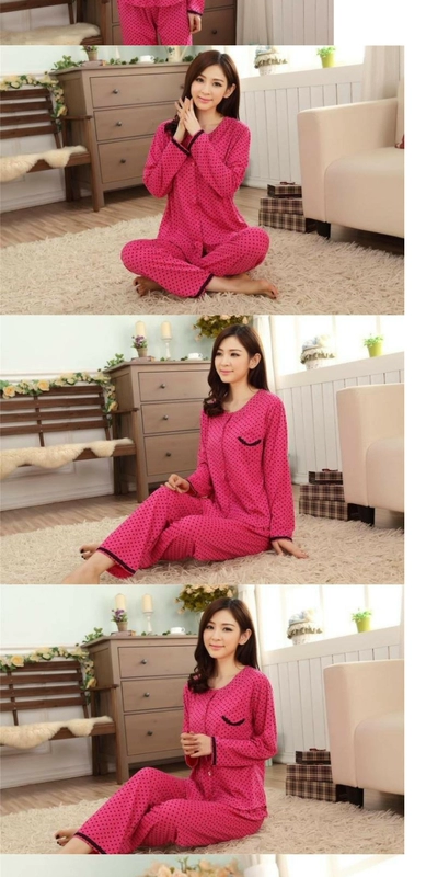 Áo khoác nữ không cổ Cardigan dài tay Đồ ngủ cotton mỏng mùa xuân và mùa thu mùa hè màu hồng chấm bi Chấm bi Thời trang Đồ lót thời trang - Cha mẹ và con