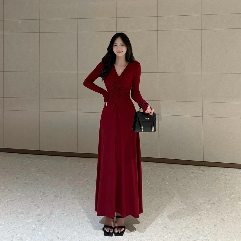 【Simita】V-Neck Spring and Autumn French-Style Dress, Slim-Fitting, Long-Sleeved, Fashionable Waist-Cinching Hepburn-Style Flared Dress 【Simita】V-Neck Spring and Autumn French-Style Dress, Slim-Fitting, Long-Sleeved, Fashionable Waist-Cinching Hepburn-Style Flared Dress