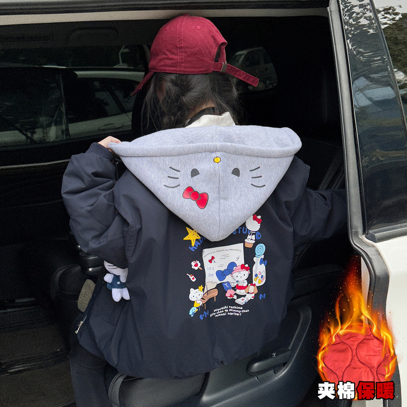 Girls' Winter Cotton-Padded Jacket, Sweet and Cool Style, Cartoon Design, Hooded, Thickened Workwear Baseball Jacket