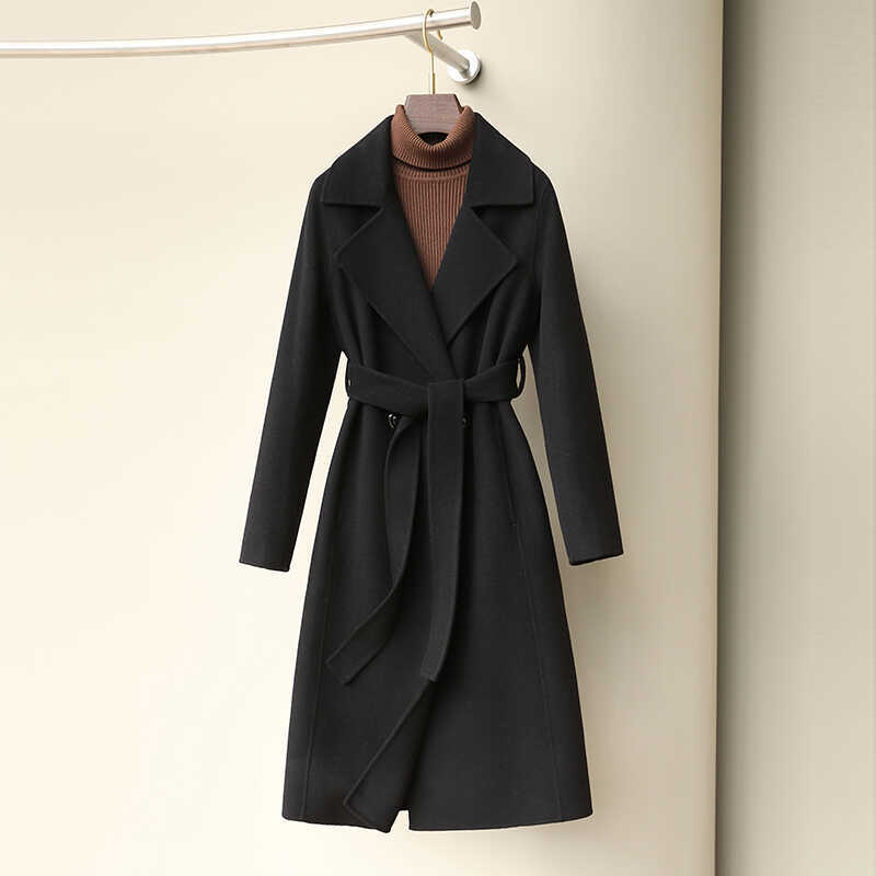Black Double-Sided Wool Coat for Women, Mid-Length, Over-The-Knee, Slim Fit, Regular Shoulder, Workwear Style, 2026 New Autumn and Winter Woolen Coat