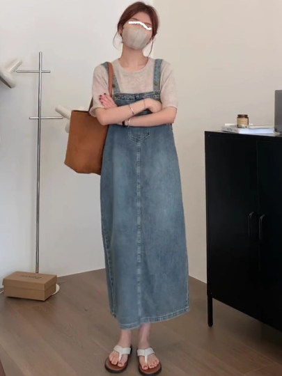 2025新款韩版百搭宽松春夏减龄盐系复古开叉牛仔背带裙女中长款