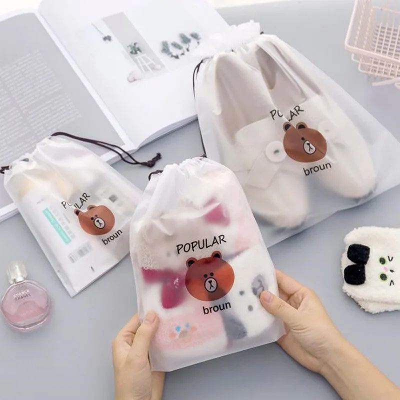 Travel Storage Bag, Cute Bear Drawstring Pouch for Underwear, Socks, Shoes, Cosmetics, Transparent Storage Bag