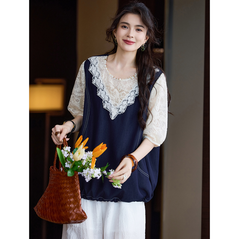 Trendy Lace Patchwork Denim Shirt for Women, Summer Plus-Size Short-Sleeve Top, 2026 European Style Women's Shirt Trendy Lace Patchwork Denim Shirt for Women, Summer Plus-Size Short-Sleeve Top, 2026 European Style Women's Shirt