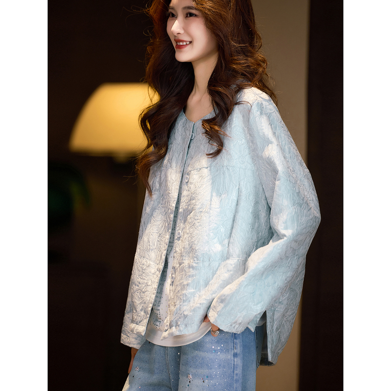 Elegant Jacquard Textured Jacket for Women 2026 Plus Size New Chinese Style Women's Clothing Autumn New Vintage Thin Top