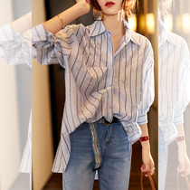 Plain wood thin section hot diamond striped shirt womens 2021 spring and summer new medium-long European womens large loose top
