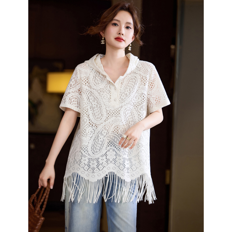 Trendy Hollow-Out Tassel Hooded T-Shirt for Women, 2026 Large Size Top, New Summer European Style Cover-Up Women's Clothing Trendy Hollow-Out Tassel Hooded T-Shirt for Women, 2026 Large Size Top, New Summer European Style Cover-Up Women's Clothing