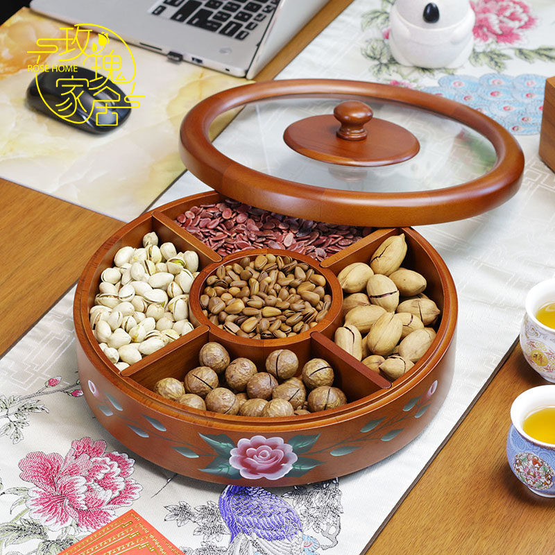 Round solid wood fruit plate grid with lid Living room coffee table Nut box Snack box Household creative rotatable large capacity