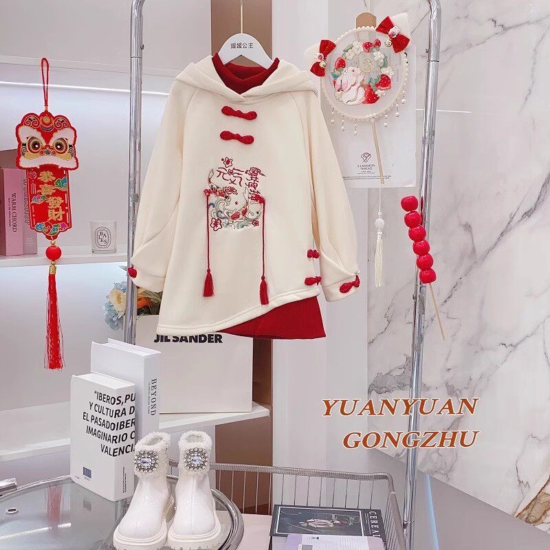 New Year's clothes Girls plus velvet clothing Winter skirts foreign piste girls Bayou New Chinese style New Chinese one-piece dress-Taobao