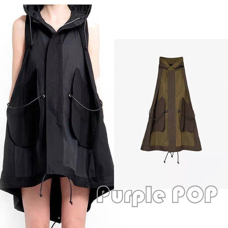 Pop Boutique Sacai Women's Taffeta Hooded Sleeveless Jacket Drawstring Oversized Vest Jacket