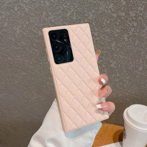 Pink — Diamond Pattern Quilted Leather Silicone TPU Puffy S23, S23 Plus, S23 Ultra Samsung Phone Case