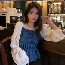 The French style gentle wind blouse 100 hitch this wind small crowned long-sleeved square collar vintage with the same snow-spinning temperament to cover big codes