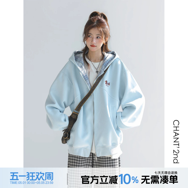「Chant2Nd」Korean-Style Plaid Embroidered Dachshund Dog Jacket for Women, Spring Lazy Loose Sweatshirt Cardigan Clothing