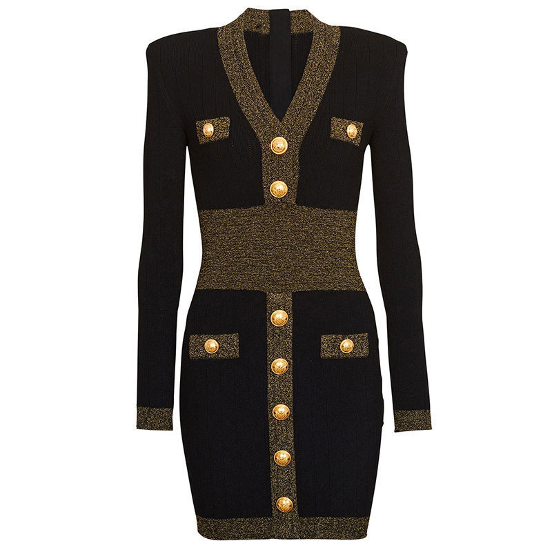 【Boutique Quality】Balmain's New Gold-Threaded Patchwork Buttoned High-Quality Waist-Cinching Knit Dress for Women