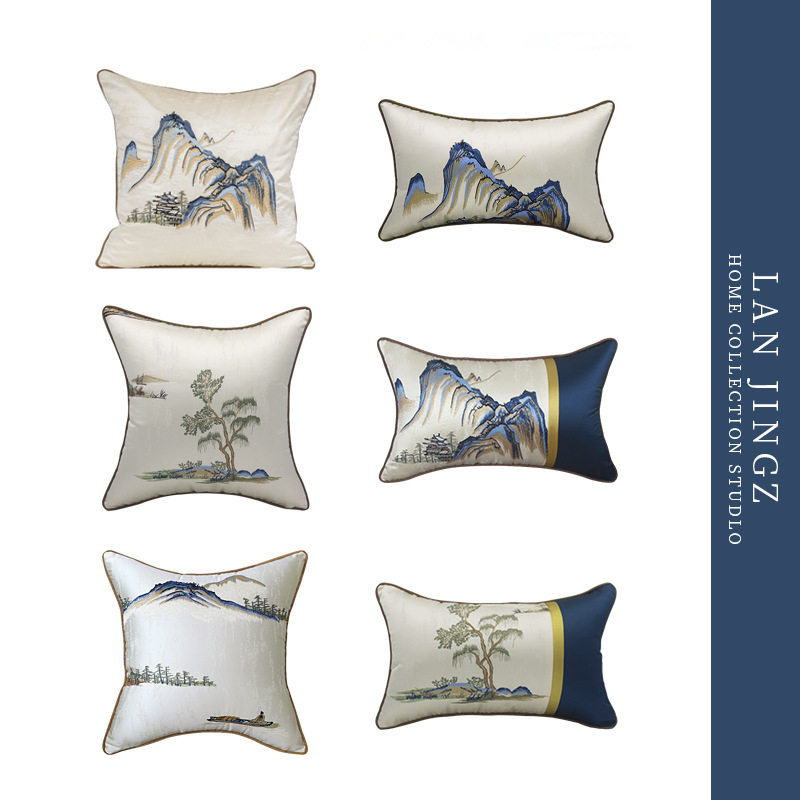 New Chinese model room pillow cover light luxury sofa cushion cover classical solid wood bedside back pillow waist pillow back cushion