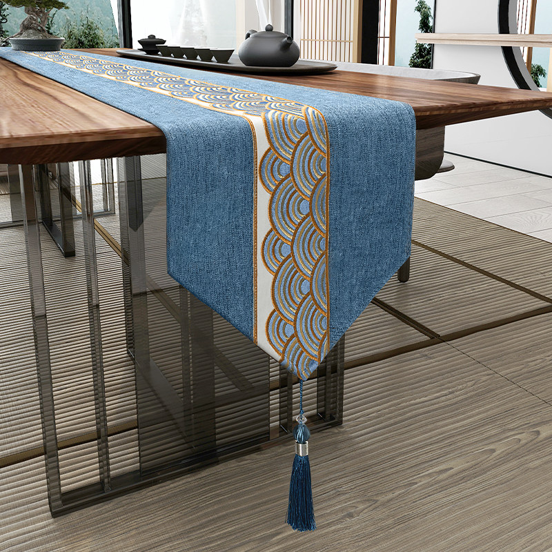 Blue table flag New Chinese upscale Zen Fancy Embroidered Lace Tea Table Tea Table Tea Table Tea Table Flag Tea Table Cloth Cabinet Bed Banner
