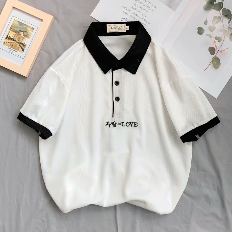 Hàn Quốc phiên bản mới của xu hướng lỏng lẻo vài bộ trang phục ngắn tay T-shirt kiếm sinh viên tuổi teen thêu với một ve áo hàng đầu