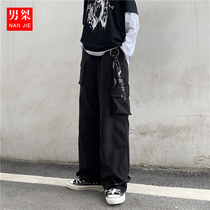 oversize pants Mens dark black functional overalls Black casual fashion brand streamers mens pants straight loose pants