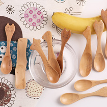  Cartoon wooden spoon small wooden creative wooden spoon Japanese cute childrens paint-free solid wood spoon small spoon