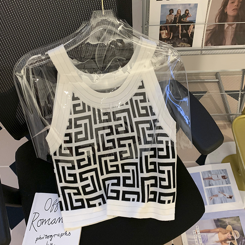 Ximen Brand Discount Store Women's Clothing Genuine Clearance Sale~ Vintage Color-Blocked Sleeveless Double F Letter Tank Top Versatile Short Top
