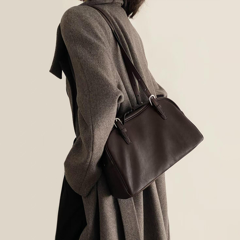 New Vegetable-Tanned Sheepskin Bowling Bag, Large Capacity Genuine Leather Handbag, Shoulder Bag, Crossbody Bag, Commuter Underarm Bag for Women