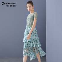 Sasuni floral chiffon dress womens 2021 new summer green cake skirt irregular size 11577
