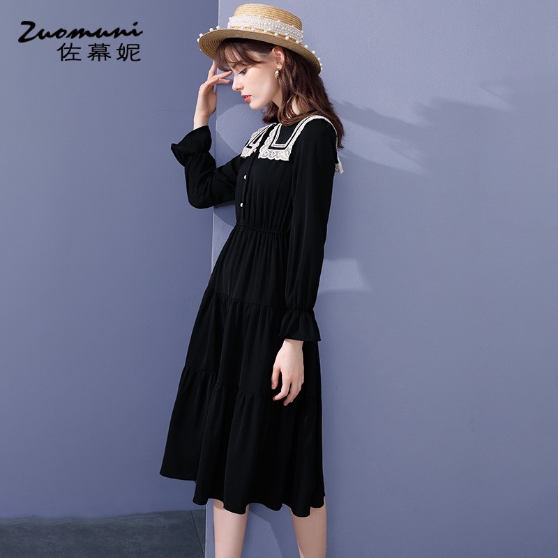 Samuni French-cinched black dress women's autumn 2022 new long sleeves temperament pleated mid-length 14771