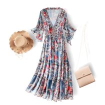 Floral chiffon dress women Summer 2020 new skirt French waist thin temperament Half sleeve V collar long skirt