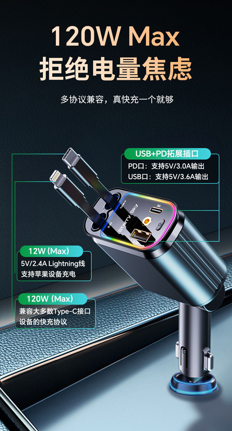Cross-Border B1 Starry Sky Car Charger 120W Super Fast Charging for Mobile Phones with Retractable Cable and Four-Port Cigarette Lighter Car Charger